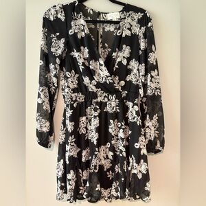 Floral Black and White Wrap Dress
